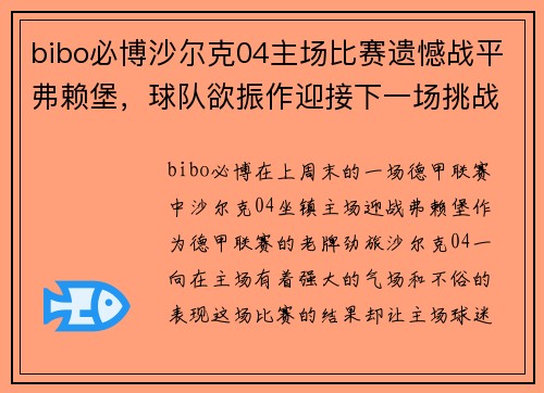 bibo必博沙尔克04主场比赛遗憾战平弗赖堡，球队欲振作迎接下一场挑战